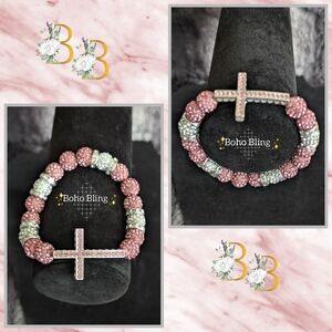Pink and Green Beaded Bracelet with Cross
